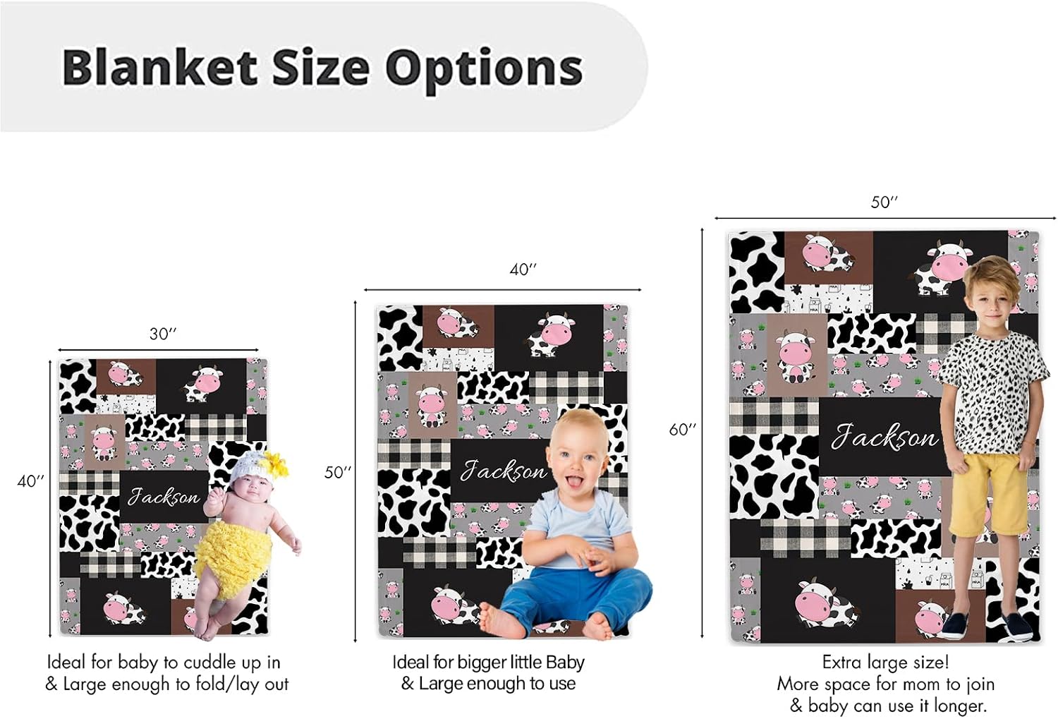 Personalized Cow Minky Baby Blankets with Name, Custom Cute Cow Print Nursery Theme for Boys and Girls, Soft Plush Plaid Design Blankets for Infant Newborn - Registry Gifts
