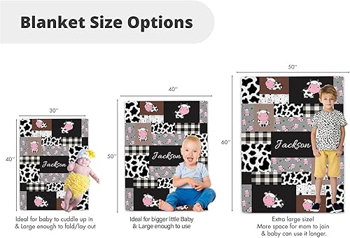 Miniatura 4 de Mantas de bebé personalizadas de vaca Minky con nombre, diseño de vaca lindo personalizado para niños y niñas, mantas de felpa suave con diseño a