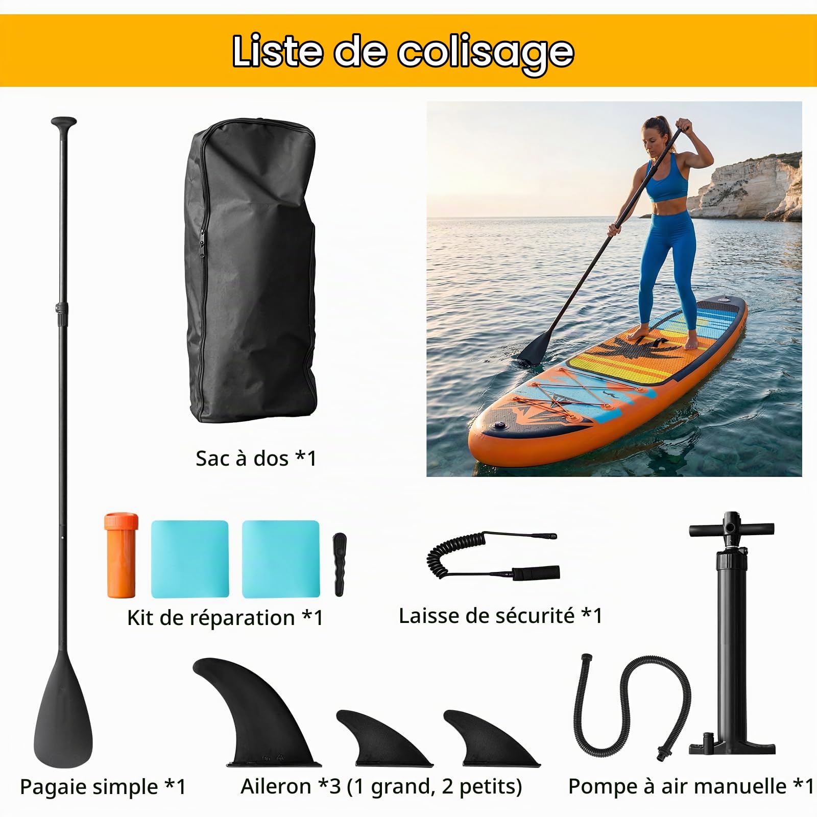 Planche de Paddle Gonflable Adulte, 320 * 81 * 15cm Planche de Stand Up avec Pompe et Accessoires Complets, 3 Ailerons, Sup Stable pour Randonnée et Surf, Jusqu'à 135kg