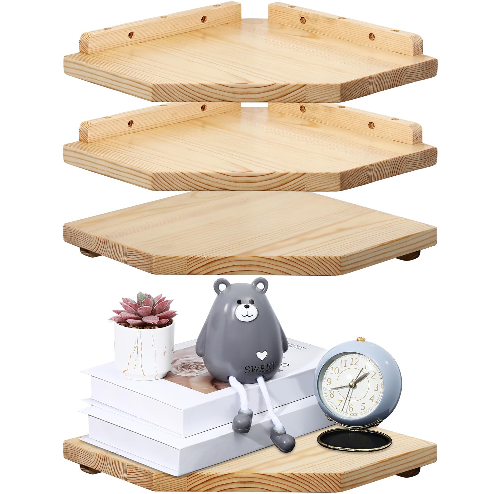 4 Set Wood Corner Shelf Wall Mount Corner Floating Shelves Corner Wall Shelf Corner Storage Shelf Corner Wall Shelf Organizer for Bedroom Living Room Bathroom Kitchen (Light Brown)