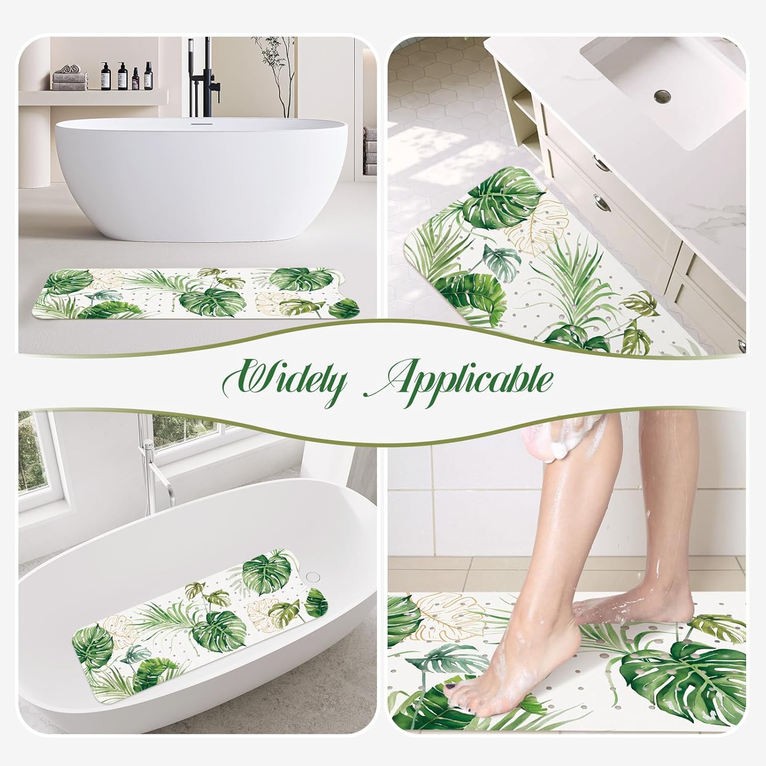 SHUCHING Tropical Green Leaves Bath Mat for Tub Non Slip-40 X 16Inch, Bathtub Mat Anti Slip, Extra Long Shower Mat for Bathroom Mold Free, Machine Washable