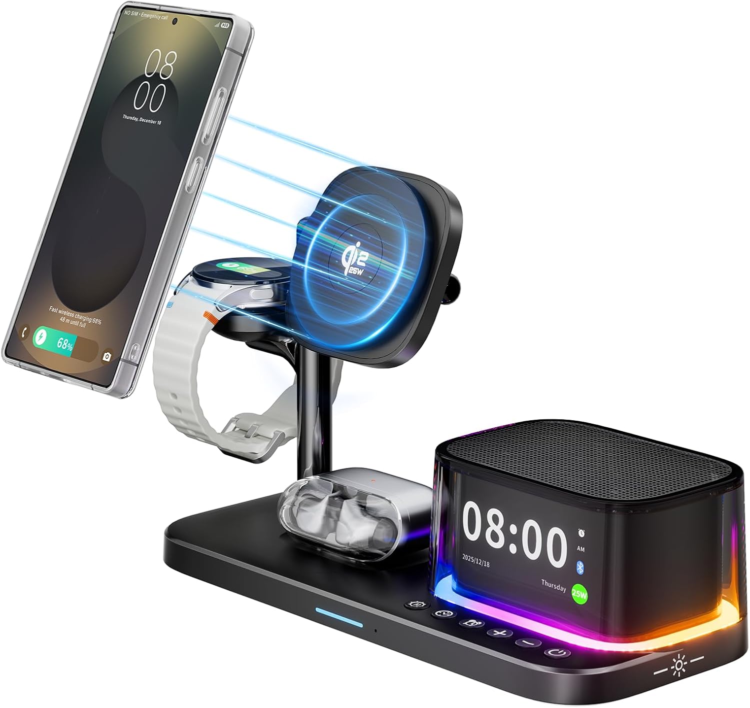 Qi2.2 25W Magnetic Charging Station for Samsung Galaxy S26 Ultra, 6-in-1 Fast Mag-Safe Wireless Charger for S25/Z Fold7,Alarm Clock/Night Light/Bluetooth Speaker,for Galaxy Watch Ultra 8 7, Buds4 Pro