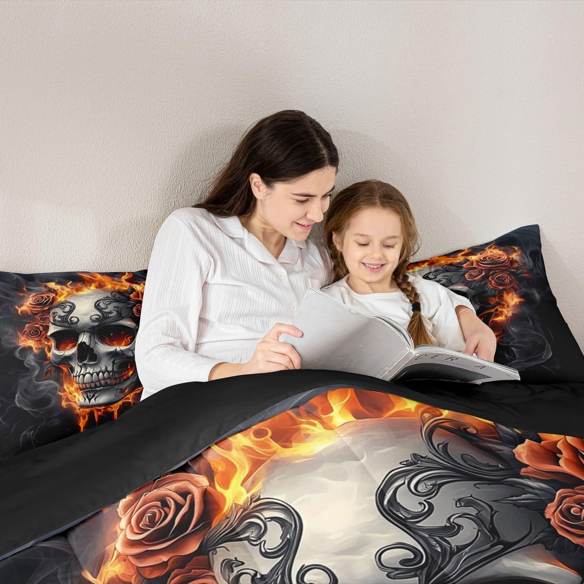Manfei Sugar Skull Comforter Sets Queen Size,Gothic Flame Roses Smoke Bedding Sets,Western Farmhouse Style Quilted Duvet for Kids Teens Girls,Botanical Flower Duvet Insert,2 Pillowcases