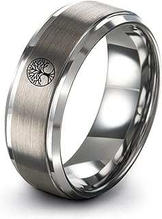 Gift for Nature Fan - Tree Of Life Ring - Personalized Custom Engraving - Silver Yellow Rose Gold Gunmetal - Brushed Polished - Men Women - Band - Tungsten - 8mm - Flat Dome Bevel - Anniversary Weddin