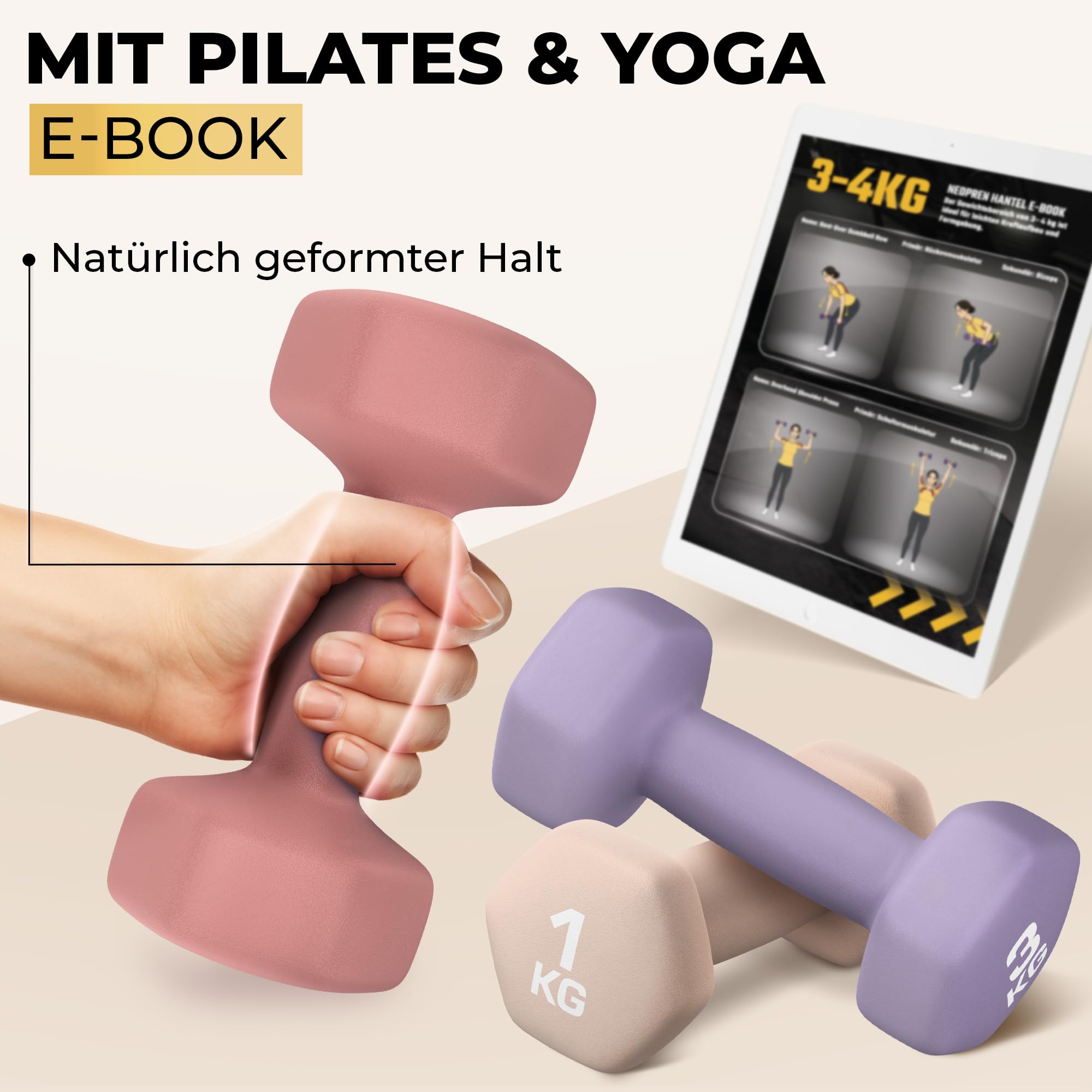 HQ Germany® Hanteln Set [geruchsfreie Pastellfarben] - Hanteln 2 Stück für Pilates und Kraftraining, Hantelset Home Gym, Dumbbells, Gewichte Hantel, Hantel Set, Kurzhanteln, Handeln für Frauen - 3