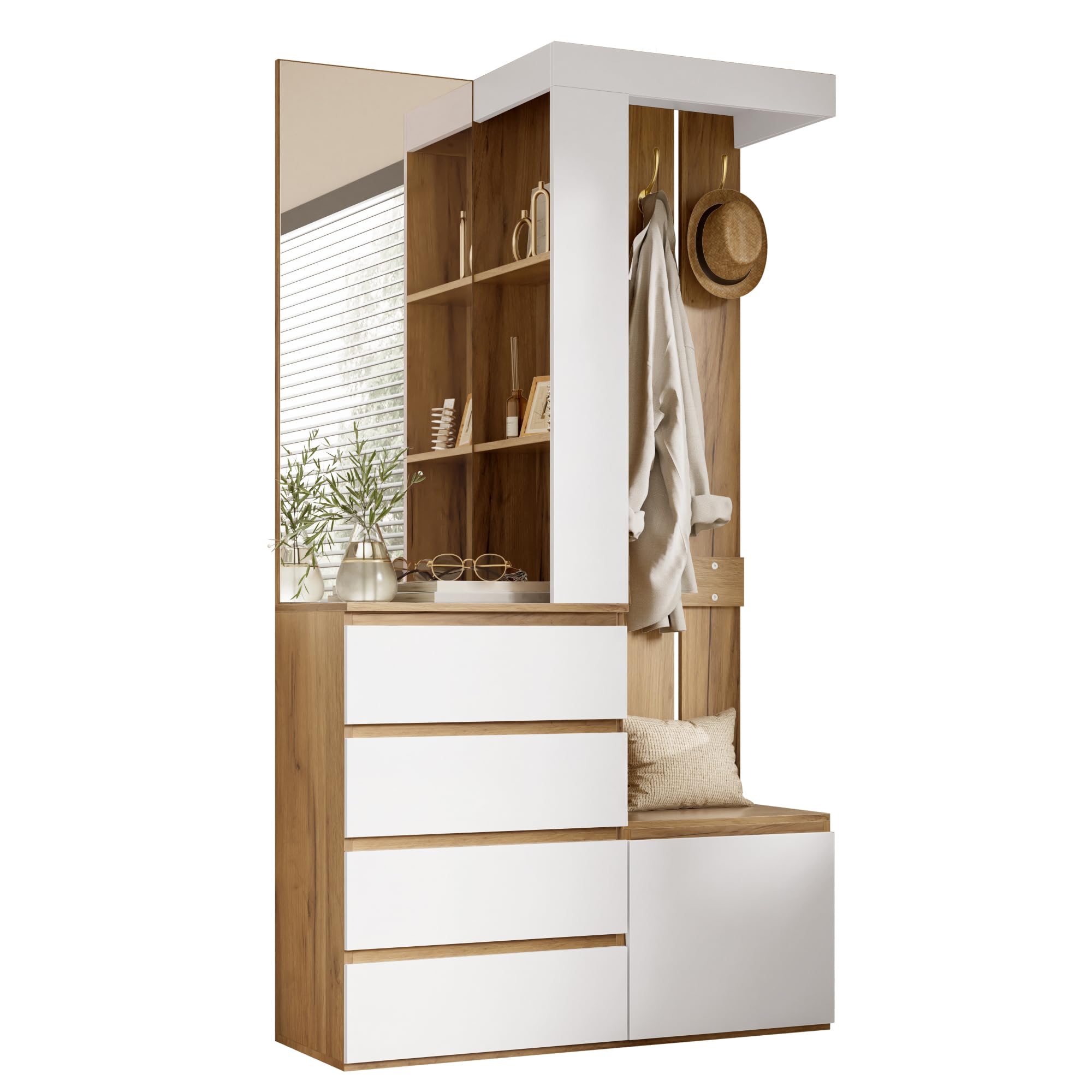 Set guardaroba con specchio, 4 cassetti e ganci, combinazione corridoio con 1 anta e vano portaoggetti, molto spazio per corridoio e ingresso, 100 x 35 x 180 cm, bianco e naturale