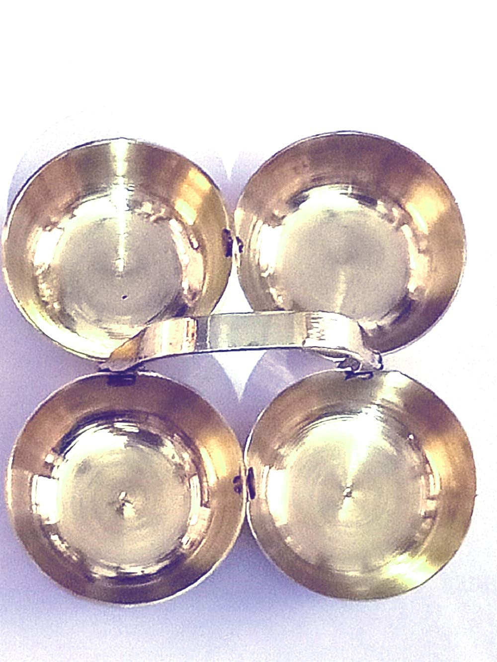 Denique Brass Puja Roli Chawal, Elaichi, Mishri 4 Bowl Stand/Brass Chowmukh Haldi Kumkum Holder Chowmukh 4 Bowl Holder Patra for home Temple (Small) 2