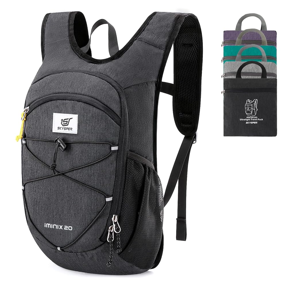 SKYSPER 20L Foldable Hiking Backpack Lightweight Packable Travel Daypack with Chest Strap Small Outdoor Folding Back Pack Collapsible Bag for Women Men (Black)