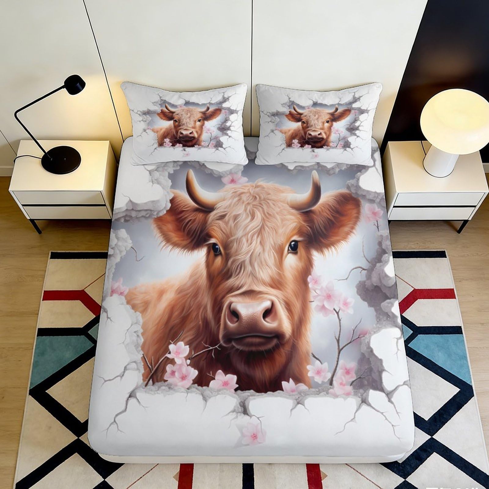 3D Printed Cow Blossom Fitted Sheet Microfiber Non-slip Mattress Cover for Bedroom Guest Room Dorm Decor 115 140x200x25cm
