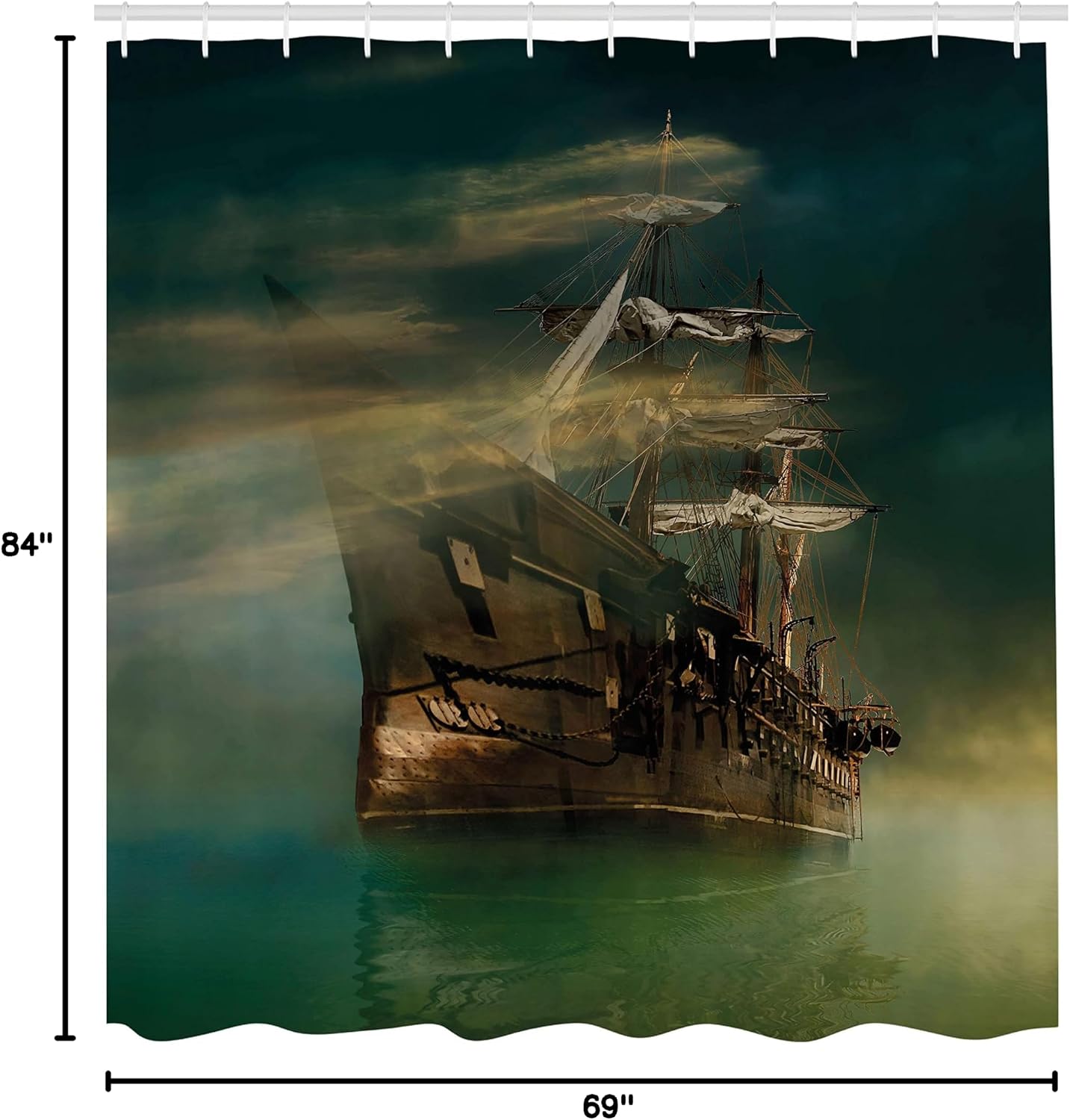 Ambesonne Fantasy Shower Curtain, Phantasmagoric Old Ship Sailing on Calm SeMisty Weather Marine Theme, Cloth Fabric Bathroom Decor Set with Hooks, 69" W x 84" L, Green Brown Dark Blue