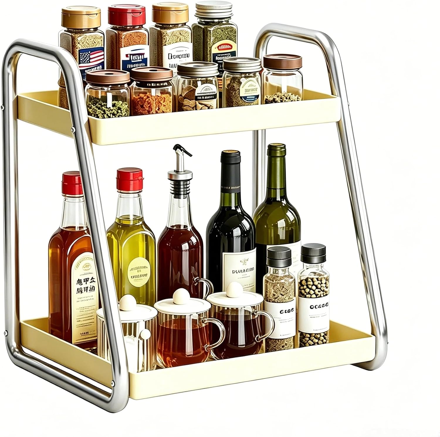 2 Tier Metal Spice Rack for Kitchen Countertop – Space-Saving & Large Capacity, 2 Sizes(11.8/15.8") & 2 Colors(Red/Silver), Rustproof Tiered Shelf for Tall Bottles, Seasoning and Condiment Organizer