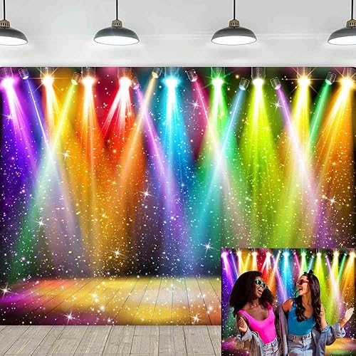 Telón de fondo de discoteca de escenario arcoíris de 7 x 5 pies para fotografía de los años 70, 80 y 90, colorido fondo de música de discoteca rock,