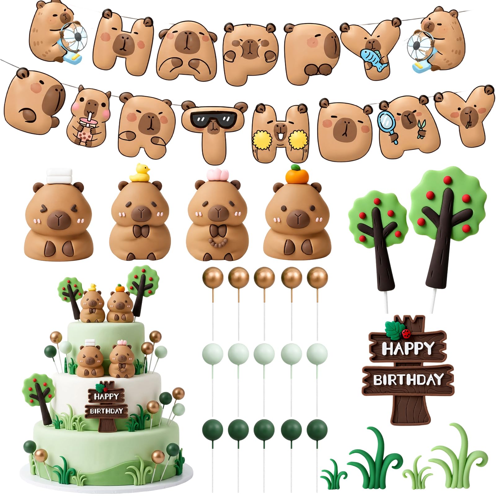 27 Pcs Capybara Cake Topper, Capybara Cake Decorations with Banner, Figures, Grass Ornaments, Topper, Cute Animal Decorations for Birthday Party Celebrations