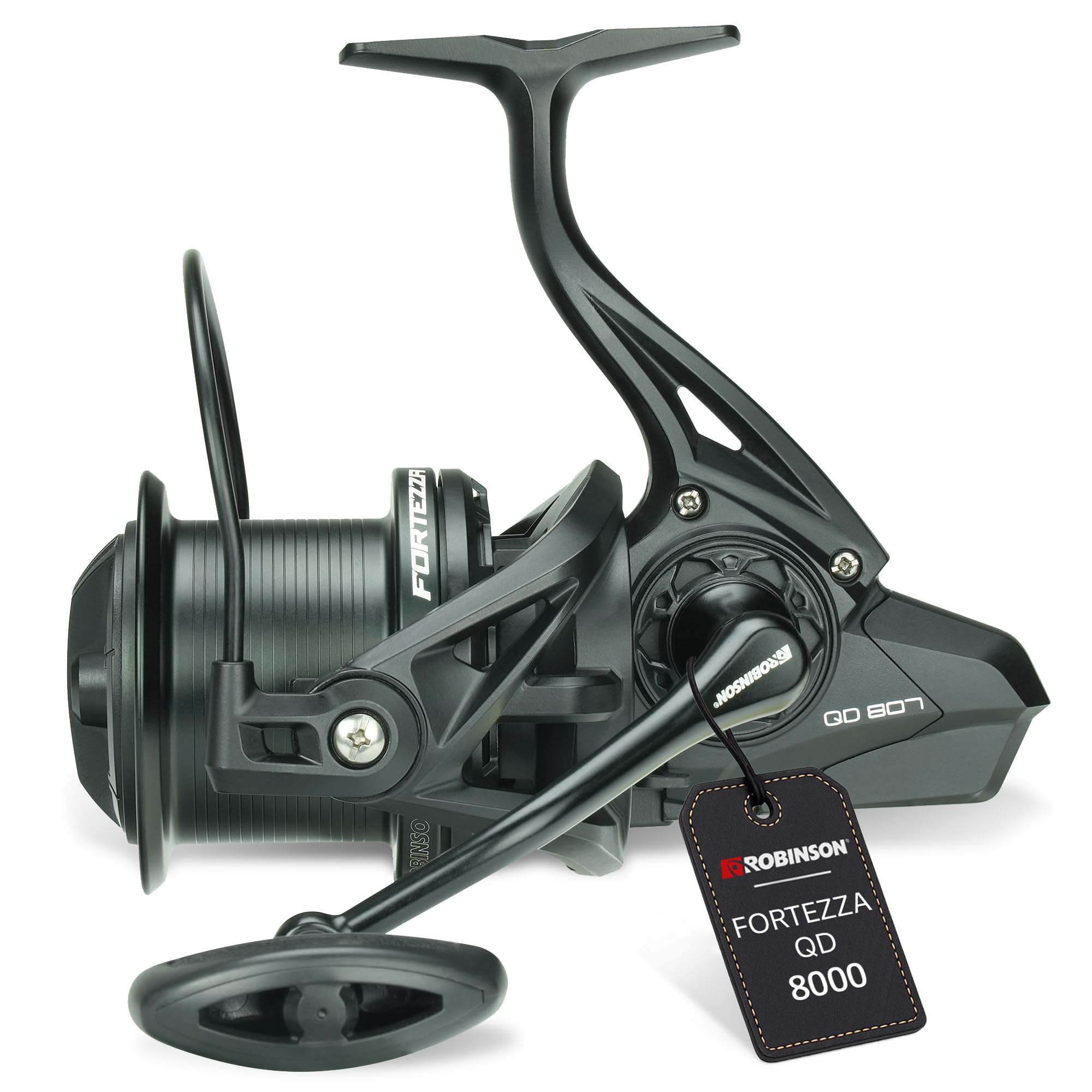 Robinson Karpfenrolle 8000 mit 18kg Bremskraft – Angelrolle mit Quick & Power Drag – Schneckengetriebe für gleichmäßige Schnurverlegung – Duraluminium-Spule – Fortezza