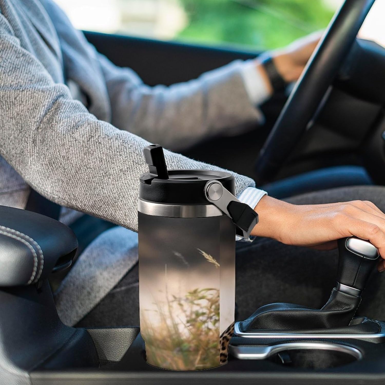 African Animal Leopard Water Bottle 30 Oz Fits Car Cup Holder,Insulated Coffee Mug Large Capacity Car Cups,Stainless Steel Double Wall Sport Bottle for Travel Sports Gym