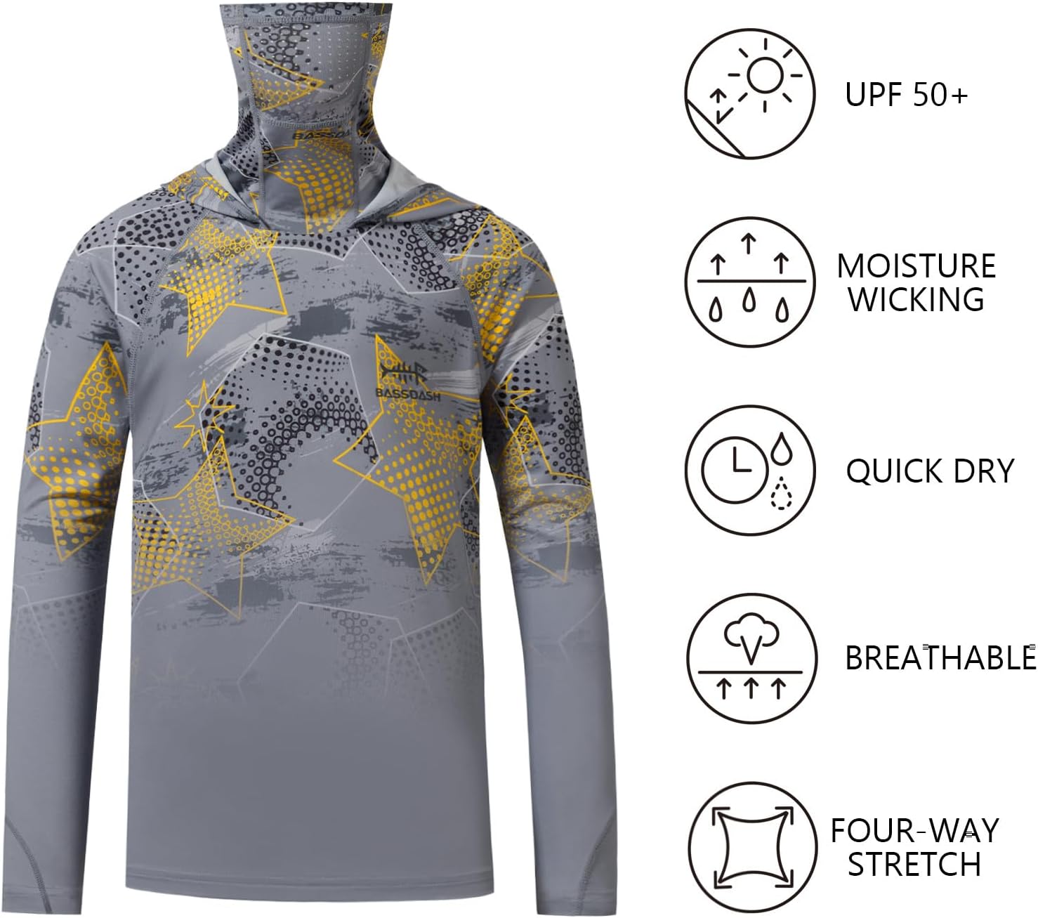 BASSDASH Youth UPF 50+ Hooded Shirts with Mask UV Neck Gaiter Sun Protection Long Sleeve T Shirt for Fishing Swim