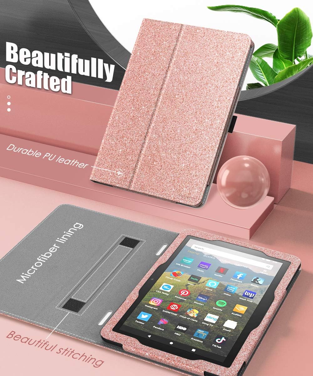 MoKo Case Fits Kindle Fire HD 8 & 8 Plus Tablet (10th Generation, 2020 Release),Slim Folding Stand Cover with Auto Wake/Sleep - Glitter Pink