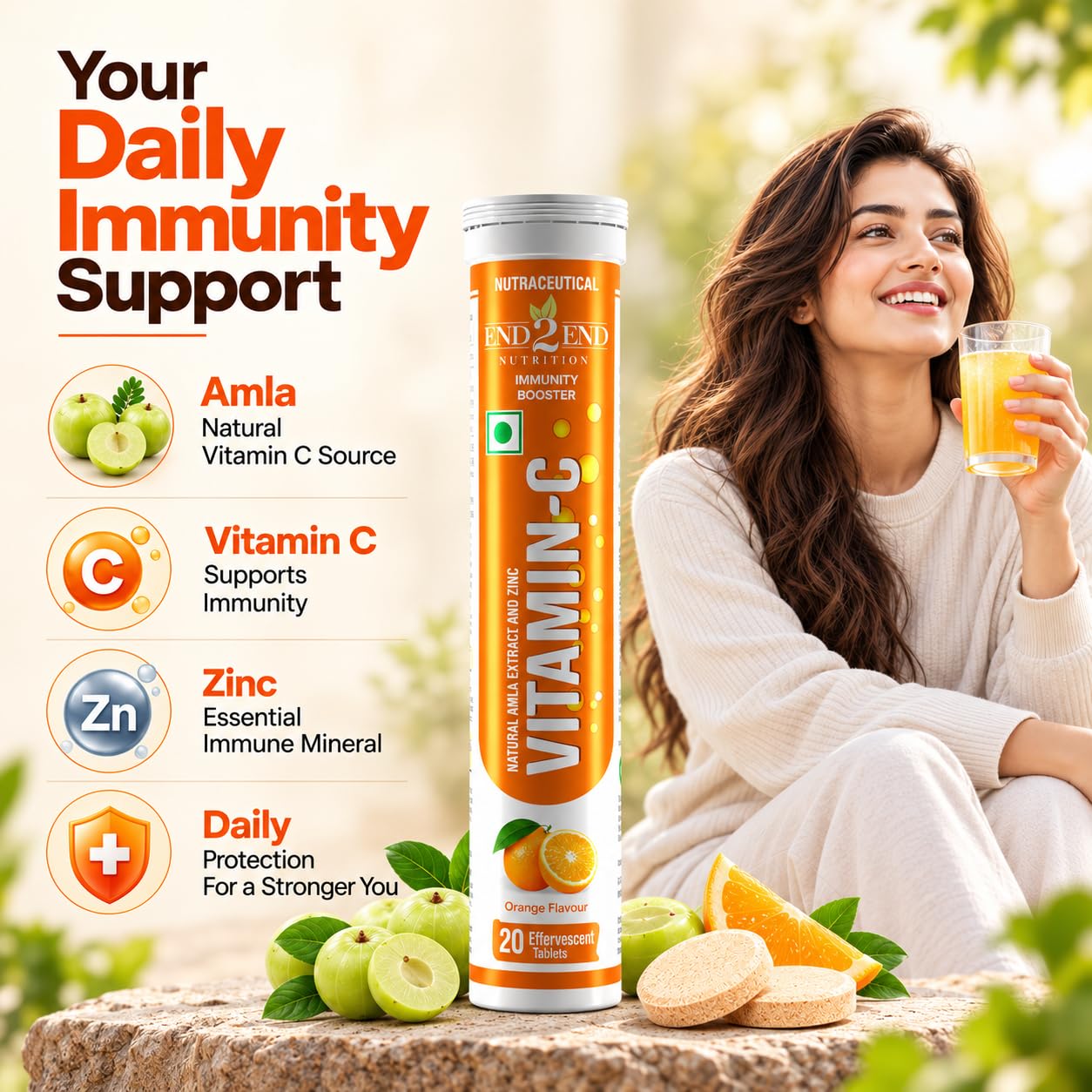 End2End Nutrition Natural Vitamin C - Amla Extract + Zinc for Immunity | Helps to Boost Collagen for Healthy Skin, Hair & Nails | Orange Flavour - 120 Effervescent Tablets — Amazon image 5