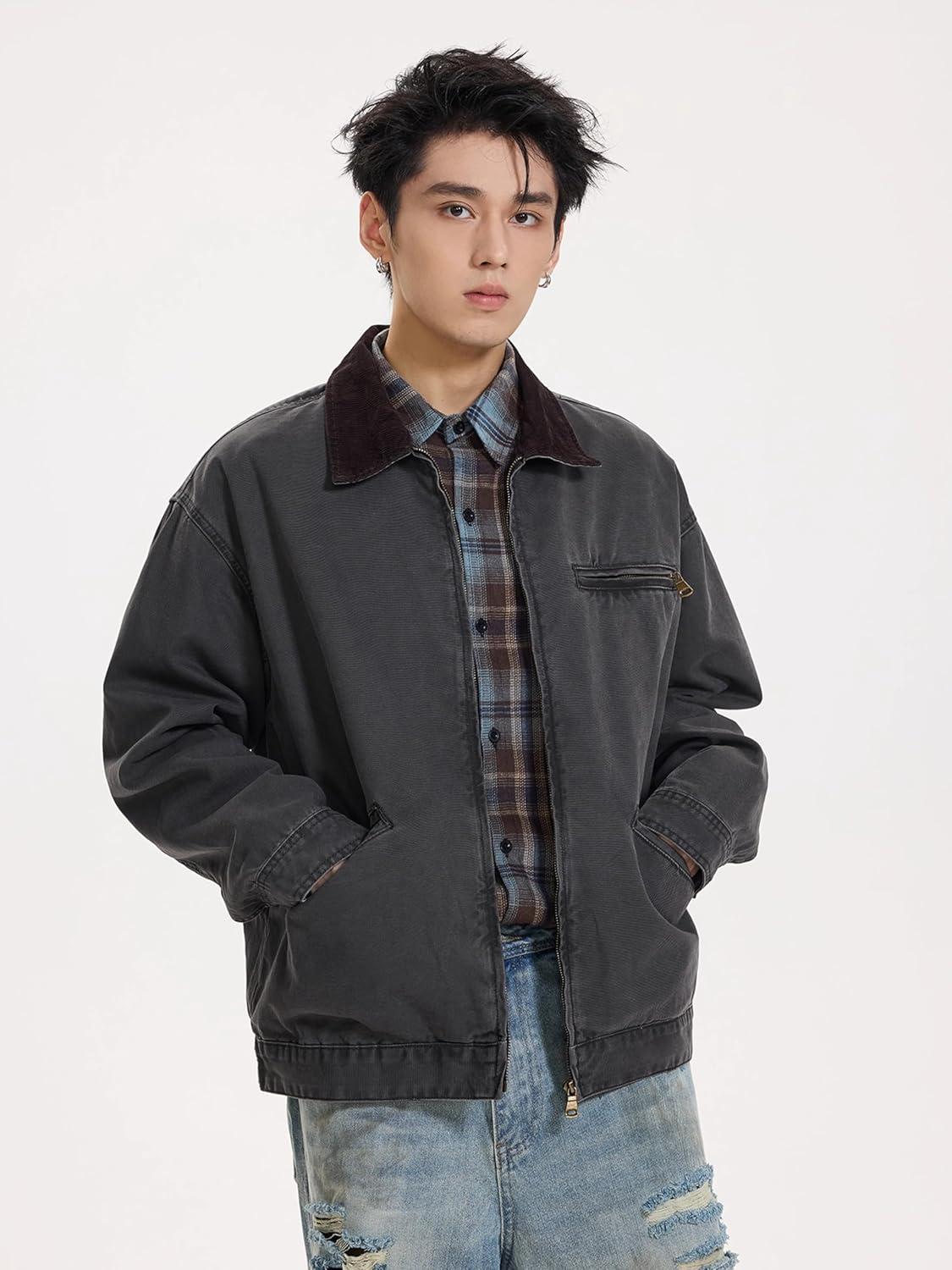men's spring American retro loose collar zipper jacket