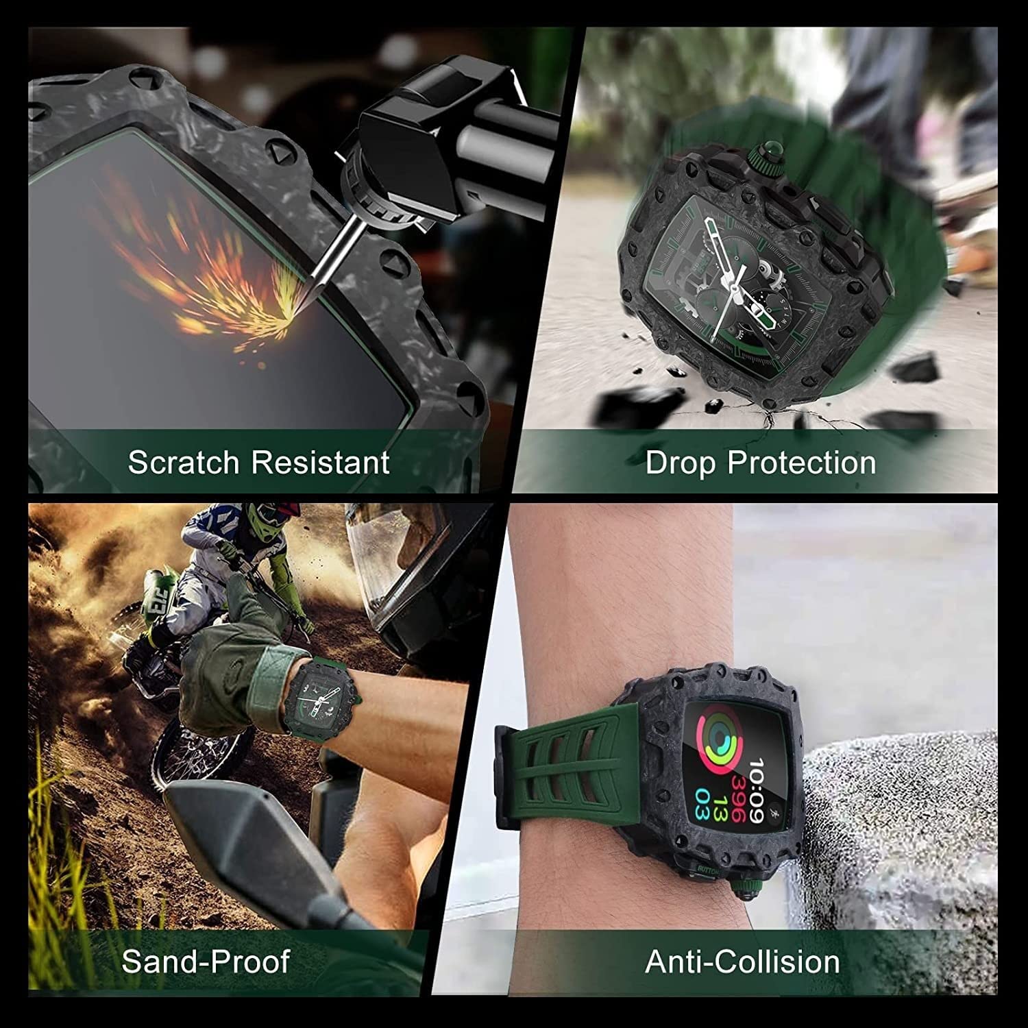 SCHIK Zestaw modyfikacyjny etui do zegarka z włókna węglowego, do Apple Watch 44/45 mm z silikonowym paskiem dla mężczyzn i kobiet, pasek ze stali nierdzewnej, akcesoria do IWatch serii 8 7 6 5 4 SE akcesoria