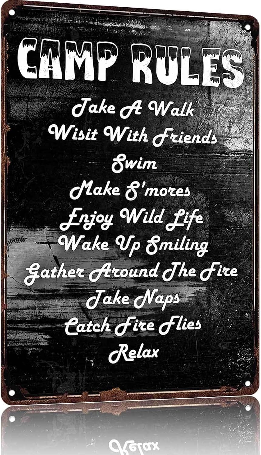 Vintage Camp Rules Metal Signs 8x12 Inch,Campsite Wall Decor