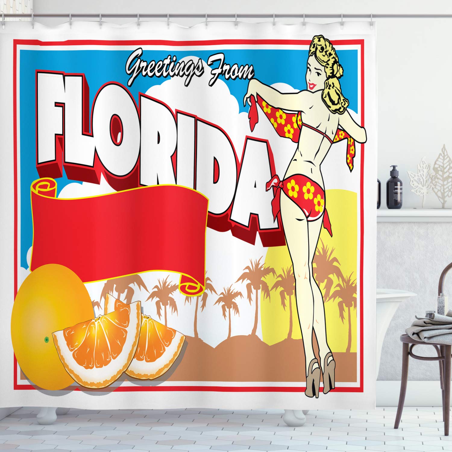 ABAKUHAUS Florida Shower Curtain, Greetings from Florida Postcard Design with a Pin-up Girl in Bikini and Oranges, Cloth Fabric Bathroom Decor Set with Hooks, 78 Inches, Multicolor — image 1