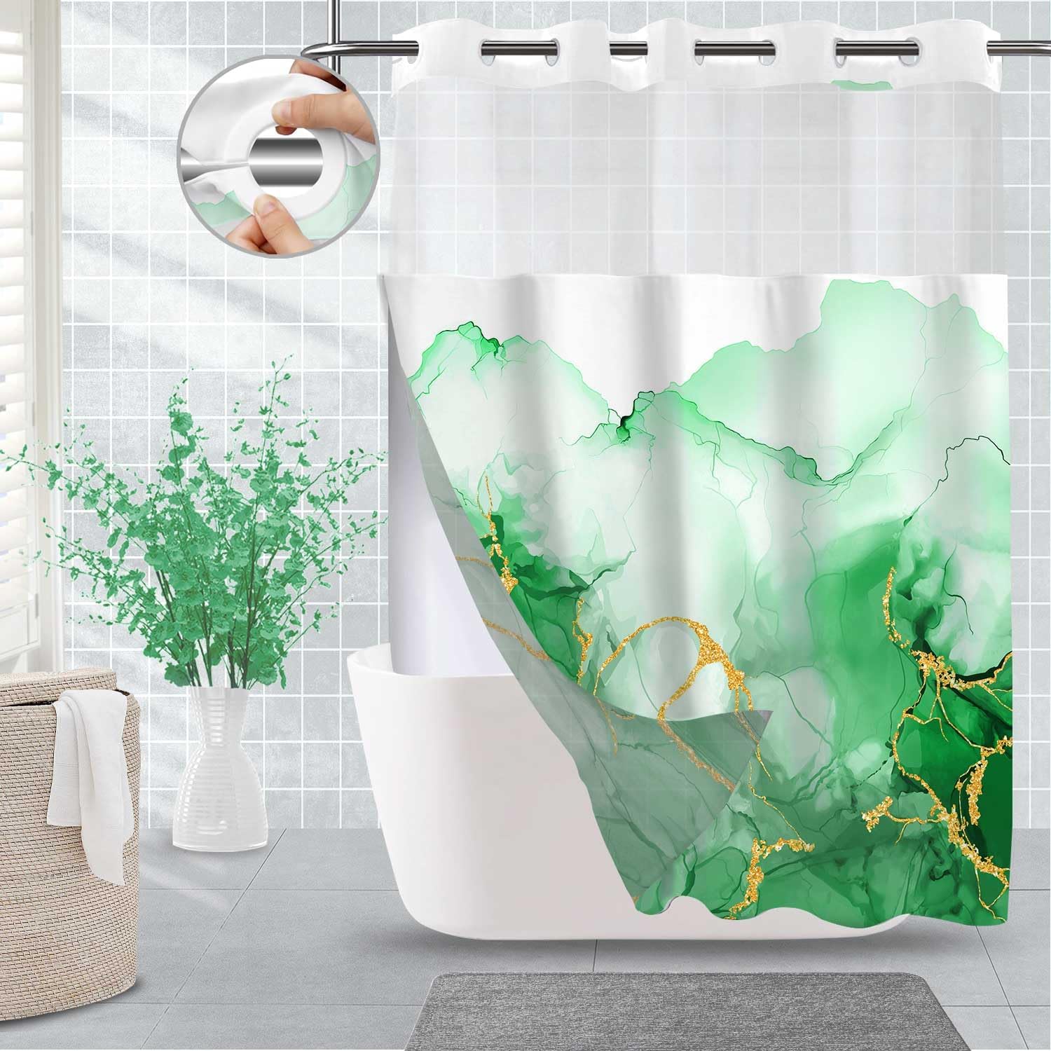 No Hook Shower Curtain with Snap in Liner Set, Abstract Green and Gold Marble Texture Shower Curtains for Bathroom Hotel Decor,Waterproof 71x74 Inch