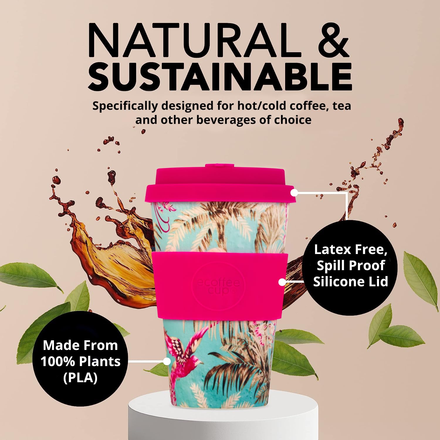 Ecoffee Cup 14oz 400ml Reusable Eco-Friendly 100% Plant Based Coffee Cup with Silicone Lid & Sleeve - Image 4