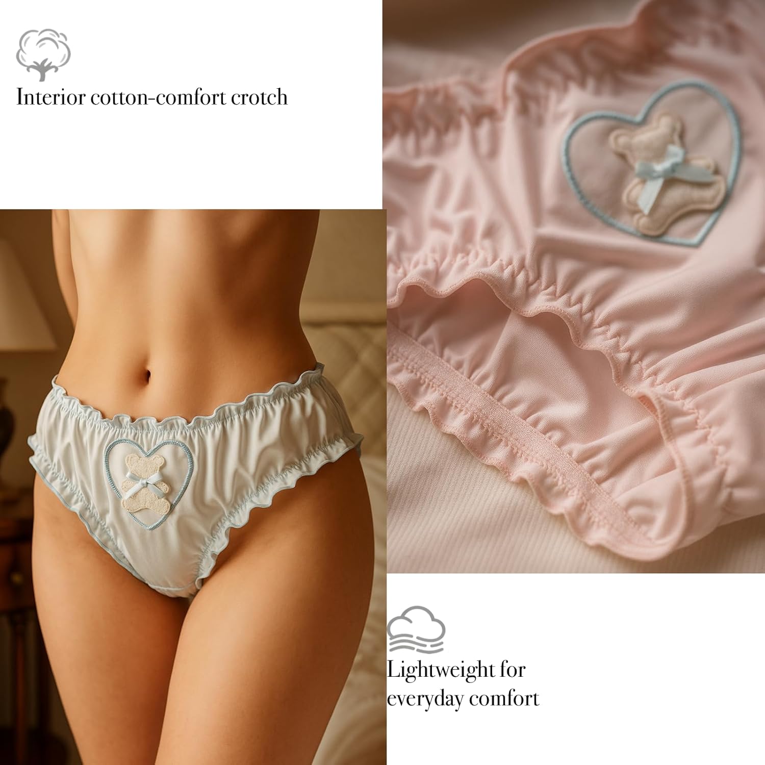 4 Pack Women's Cute Kawaii Underwear - Japanese-Style Ruffled Briefs with Bowknot & Bear Design, Comfortable Panties for Eve