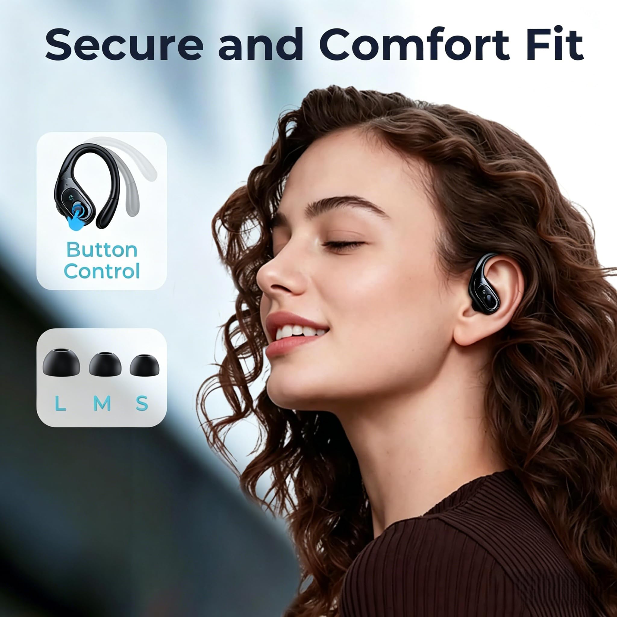 occiam Active Noise Cancelling Earbuds Wireless Bluetooth Headphones 90Hrs Playback Stereo Bass Earphones with Mic Over-Ear Hooks IPX7 Waterproof Headset for Work Sports Running Glossy Black — view 5