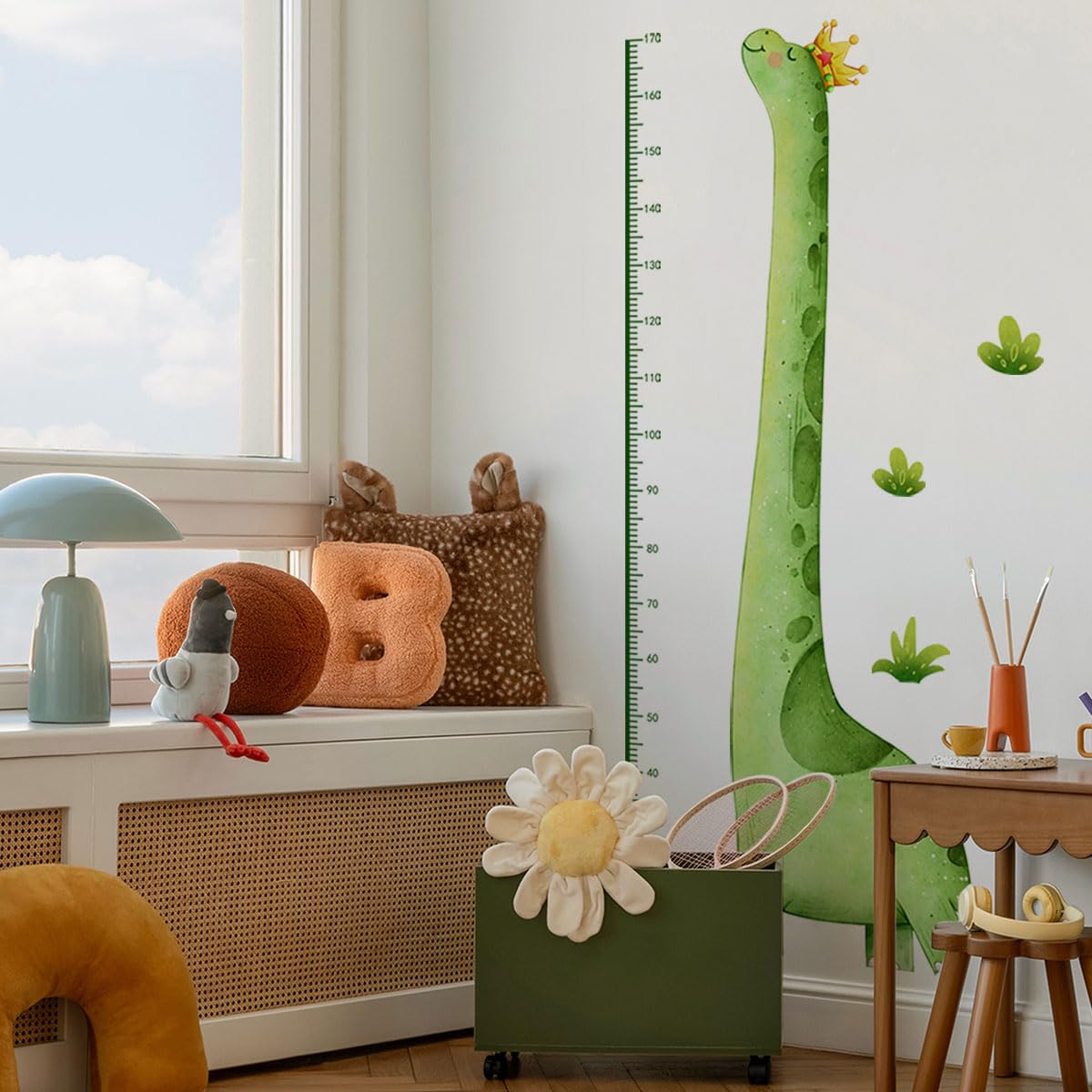 Calcomanía de pared con gráfico de crecimiento para niños, calcomanías de pared de dinosaurios verdes, tabla de altura extraíble para habitación de guardería (dinosaurio verde)