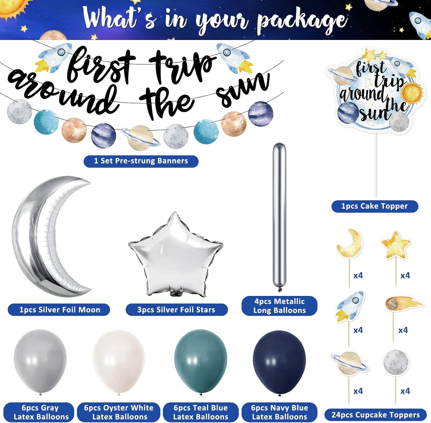 First trip Around the Sun Birthday Decorations -58pcs Outer Space 1st Birthday Banner First Trip Around the Sun Cake Toppers Solar System Party Balloons for Boy Galaxy Party Supplies set