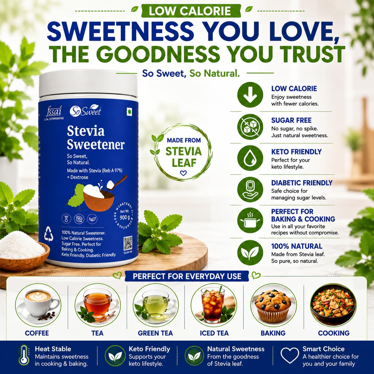 So Sweet Stevia Powder - 100% Natural, Sugar-Free, Low-Calorie Sweetener, 1800gm (Pack of 2, 900gm Each), Perfect for Diabetics, Keto Diets, Baking, and Cooking, Ideal for Healthy Lifestyles 1
