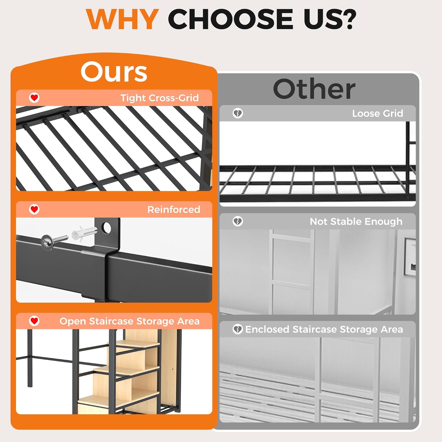 Metal Loft Bed with Reversible Staircase, Storage & Wardrobe, Full Loft Bed Frame with Safety Guardrail, Space-Saving Loft Beds for Kids Teens Adults, Bedroom Dorm Small Apartment, Black