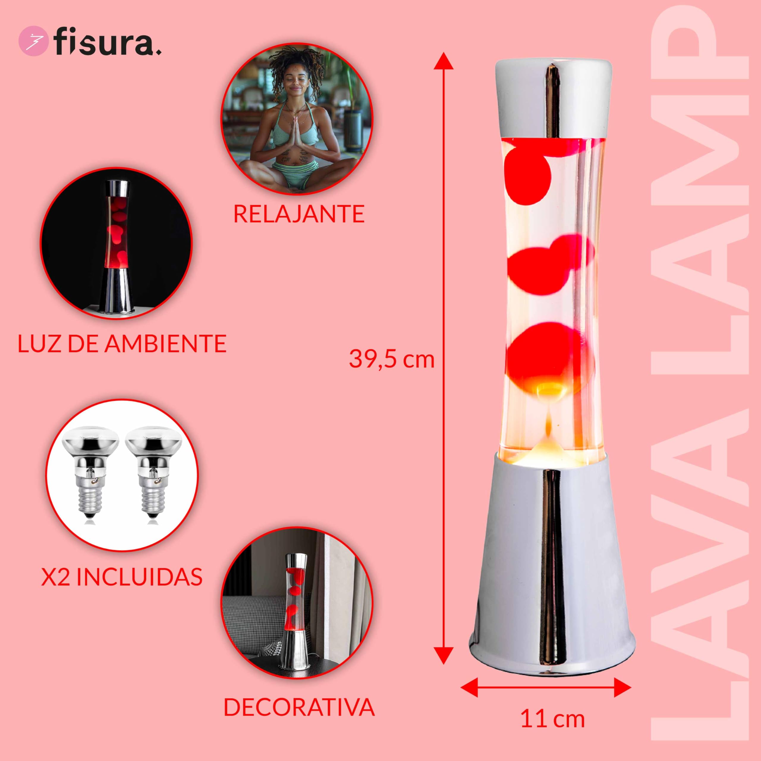 Fisura - Lámpara de lava roja. Base plateada cromada, líquido transparente y lava roja. Lámpara efecto relajante. Con bombilla de repuesto. 11 cm x 11cm x 39,5 cm.