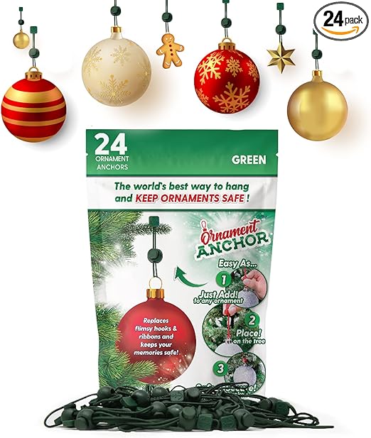 ORNAMENT ANCHOR Ornament Hooks for Hanging Christmas Decorations - No-Slip Hanging Hooks for Xmas - Heavy Duty Christmas Tree Ornaments Hanger Hooks for Small & Large Ornaments (Green, 24 Count)