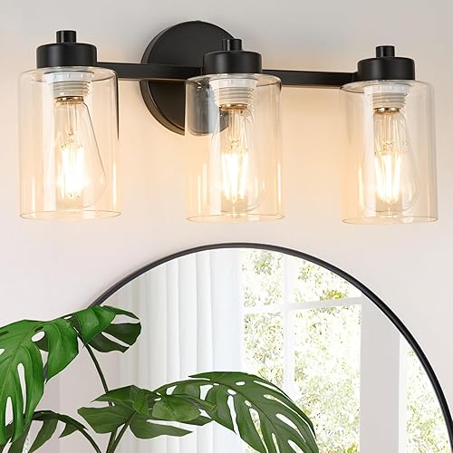 Miniatura 9 de Lámparas de baño de 3 luces, lámparas de tocador de baño doradas con pantalla de vidrio transparente, lámparas de pared modernas para espejo, sala