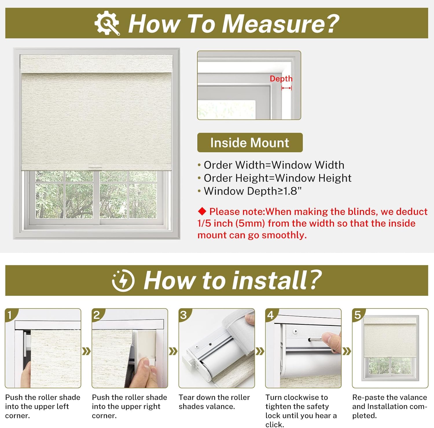 No Drill No Tools Cordless Roller Blinds for Windows 100% Blackout Roller Shades Valance Jacquard Linen Fabric Light Blocking Room Darkening Blinds for Home,Office,White Grey,64 1/2" W×48" H