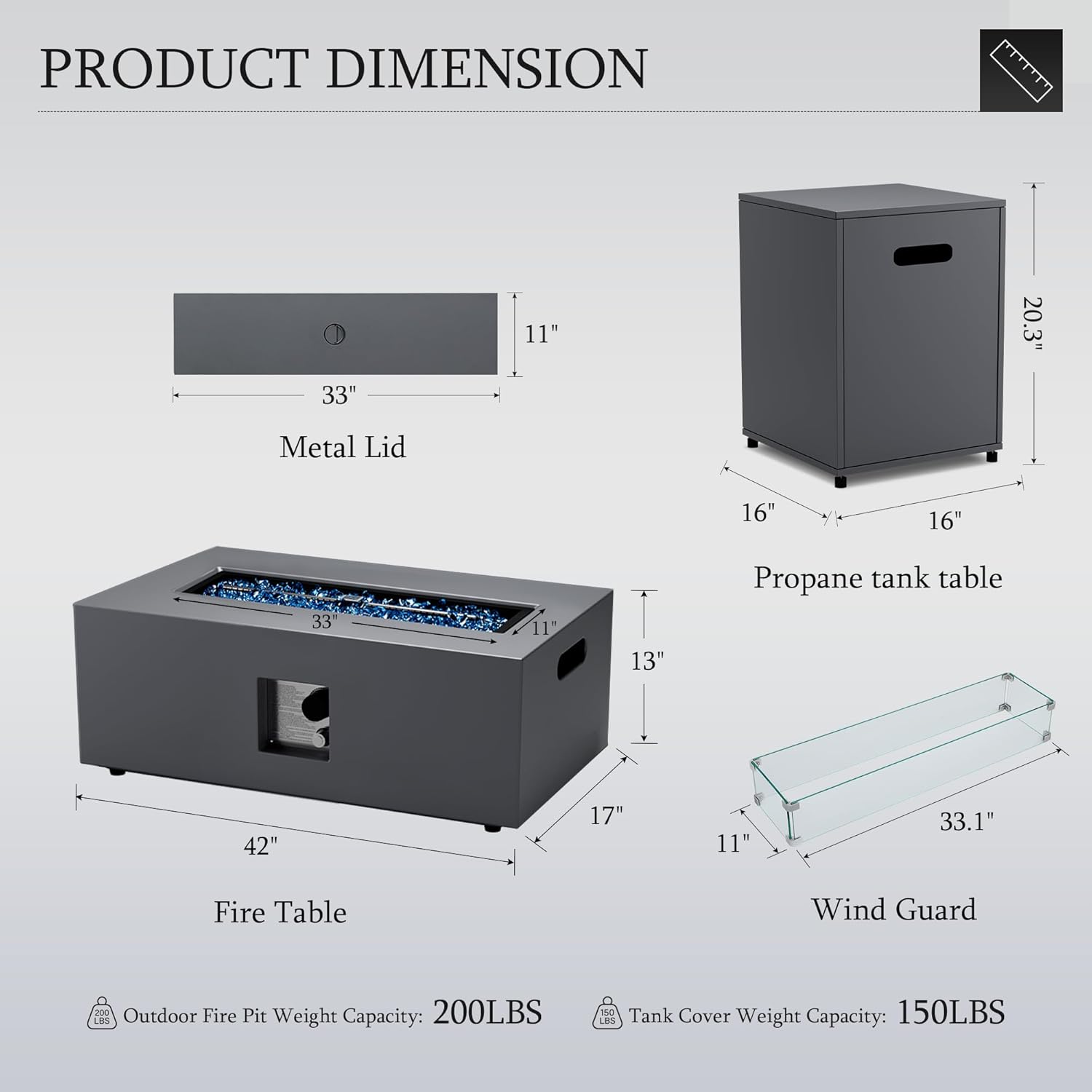 UPHA 42-inch Outdoor Propane Gas Fire Pit Table 50000 BTU Iron Rectangle Firepit for Outside Patio with Tank Hidden Table, Wind Guard, Removable Lid, Blue Glass Rocks, Rain Cover, Grey