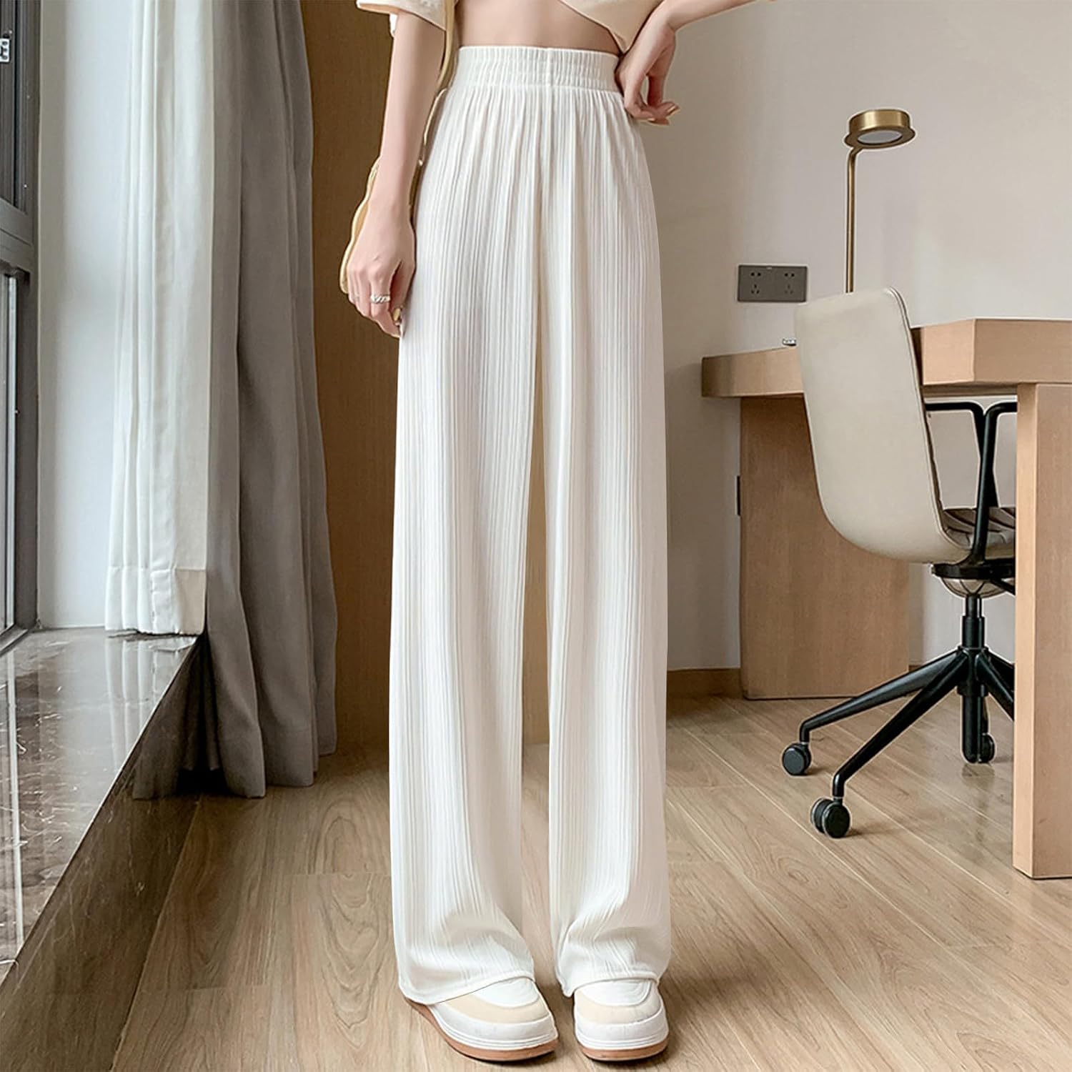 Women's Wide Leg Casual Pants Summer Lightweight Elastic Waist Lounge Beach Palazzo Baggy Pant with Pockets