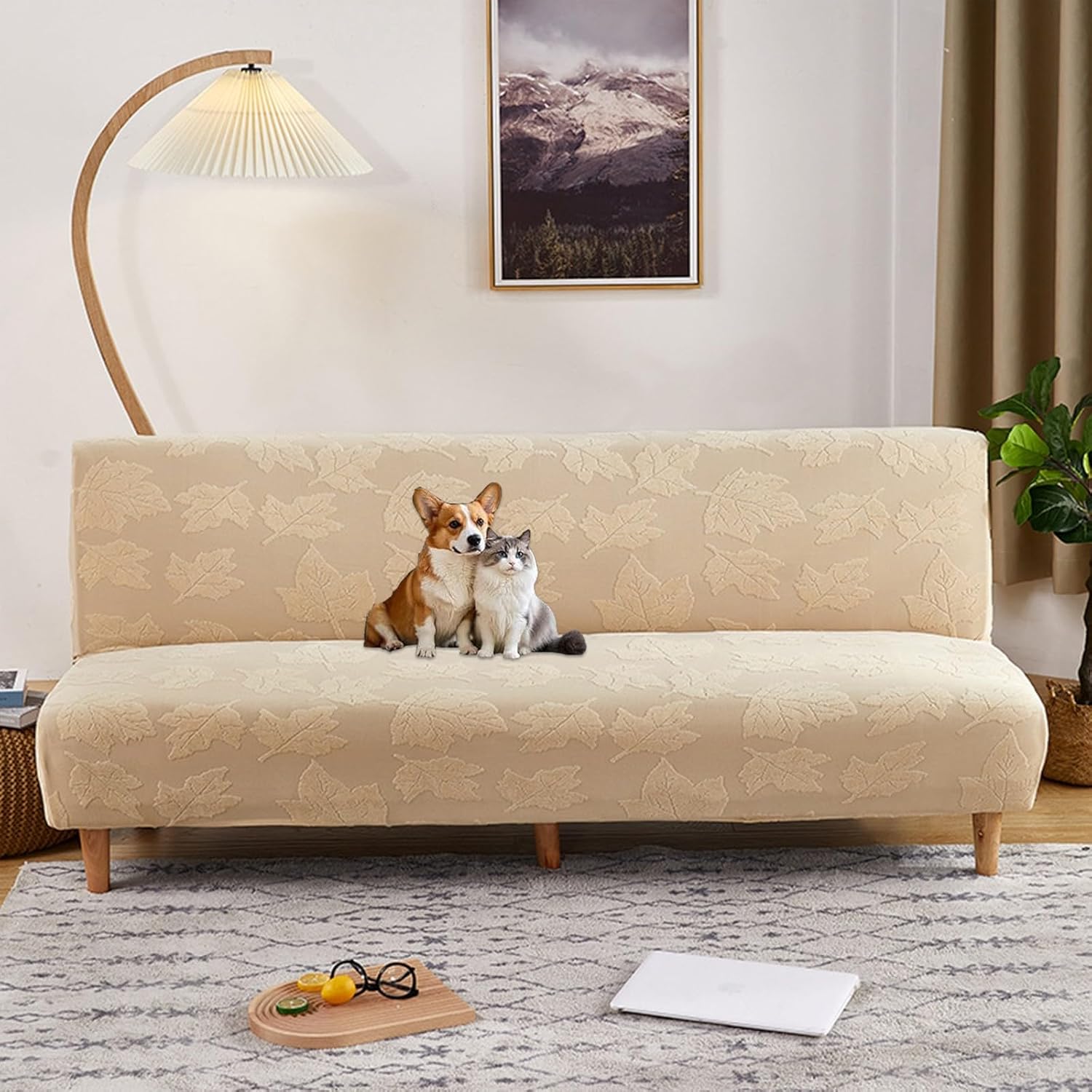 Armless Sofa Cover Stretch Folding Pet-Friendly Futon Covers Full Size Soft Sofa Bed Slipcover Furniture Protector Beige
