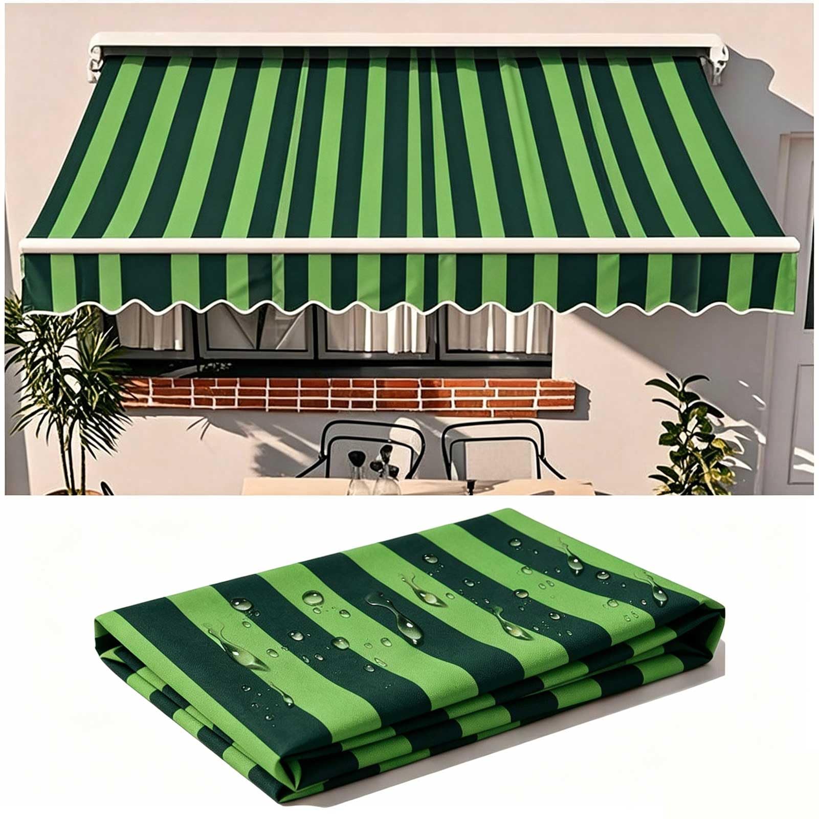 Retractable Patio Awning Shade Fabric Replacements 3.7x3m Outdoor Window Sun Shade Shelter| Canopy for Deck, Backyard, Garden, Balcony, Door, Customizable, Green Stripes