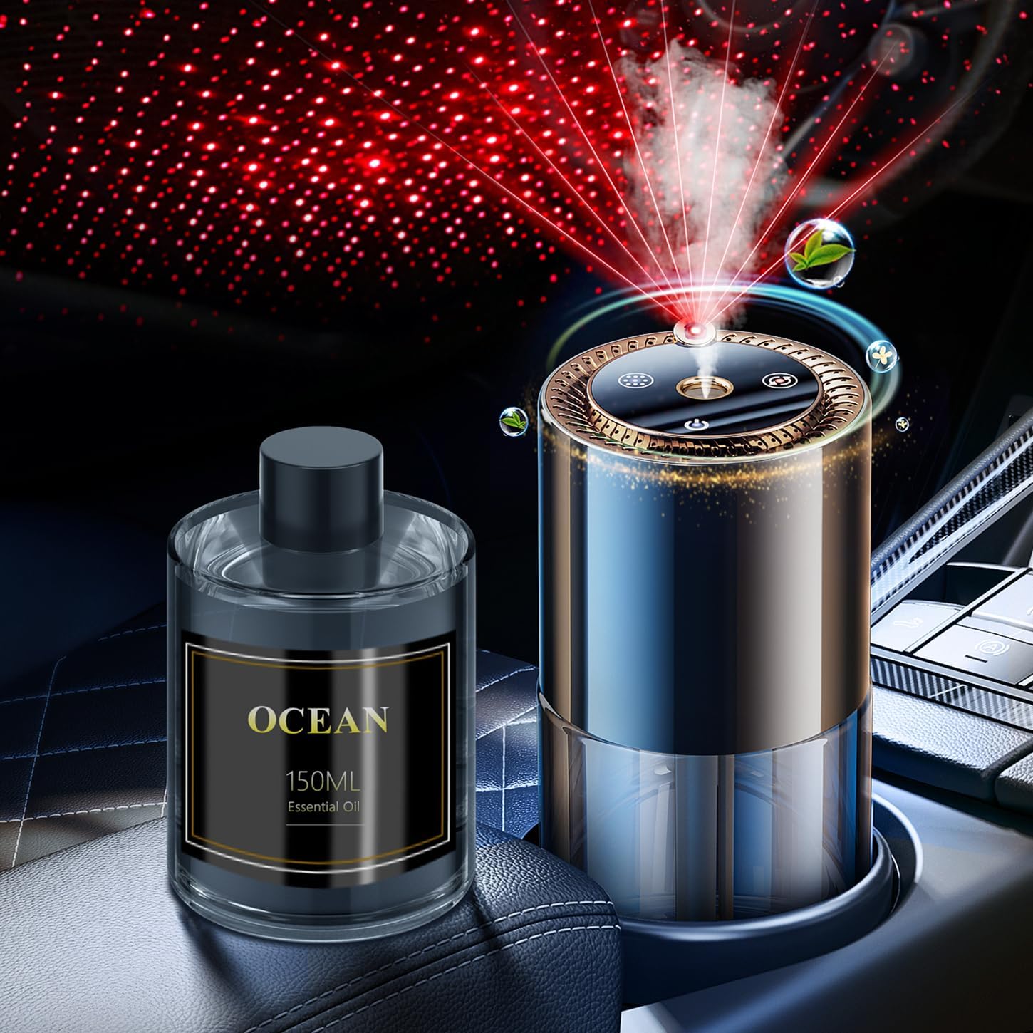 Smart Car Air Freshener,150ML Natural Fragrance Car Scents Air Freshener with Star Projector,300 Days Long Lasting, Car Essential Oil Diffuser, Automatic On/Off,Aroma Diffuser for Men Women