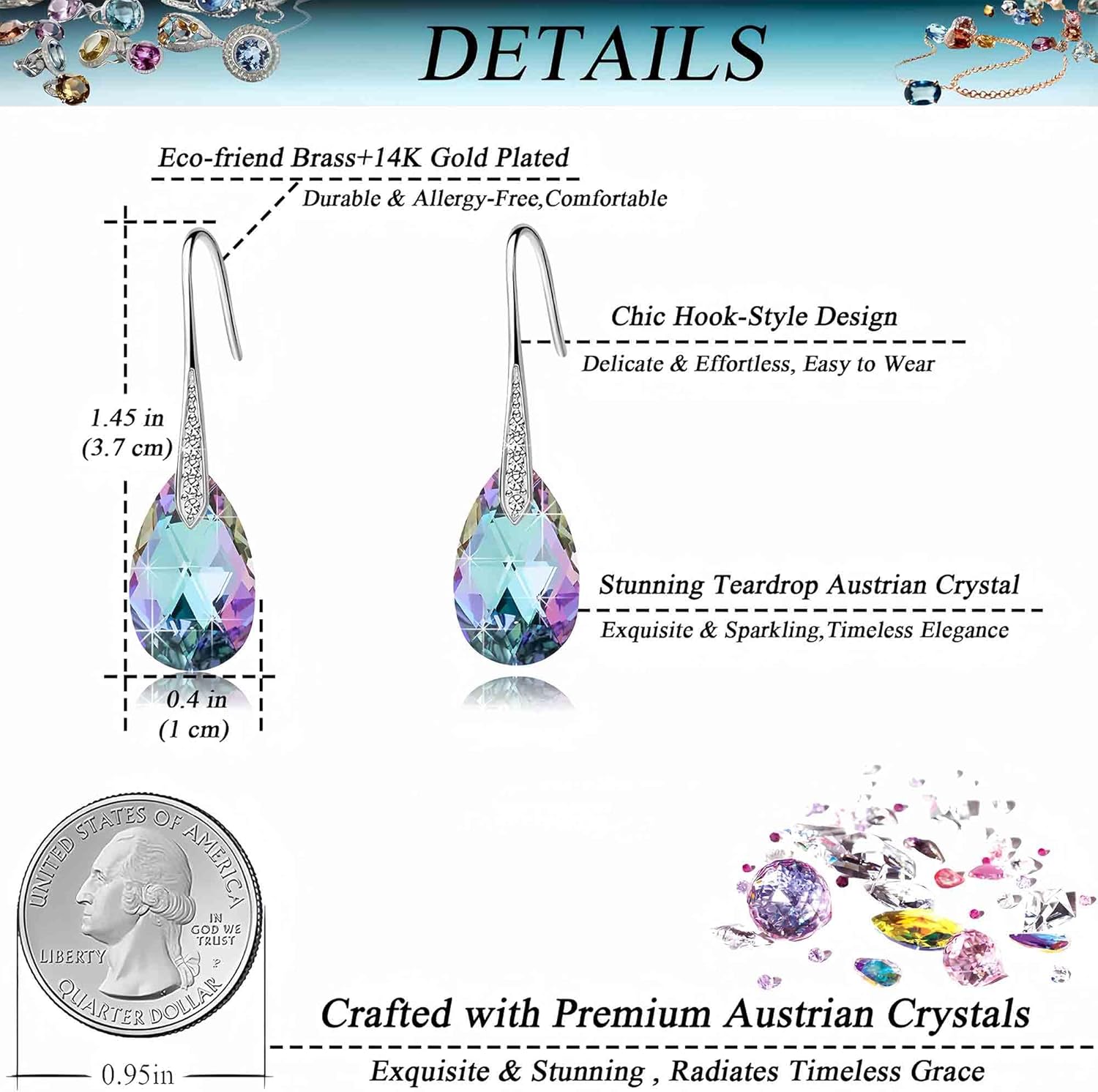 Austrian Crystal Teardrop Dangle Earrings for Women Drop Hook Earring 14K Rose Gold Plated Hypoallergenic Jewelry - Image 4