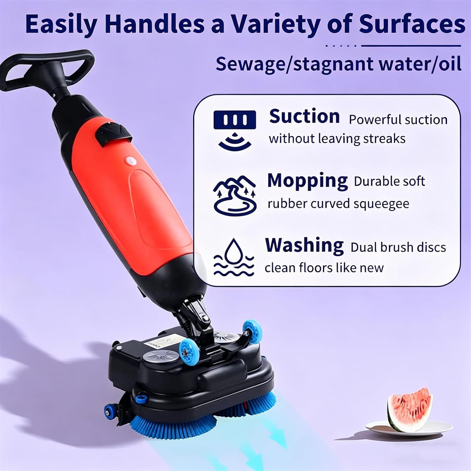 36V/ 10.5 Ah Cordless Floor Scrubber, Floor Buffer Machine, 17” Cleaning Width Commercial Floor Scrubber Machine Dual Rotary Brushes, 360° Rotating Head Red