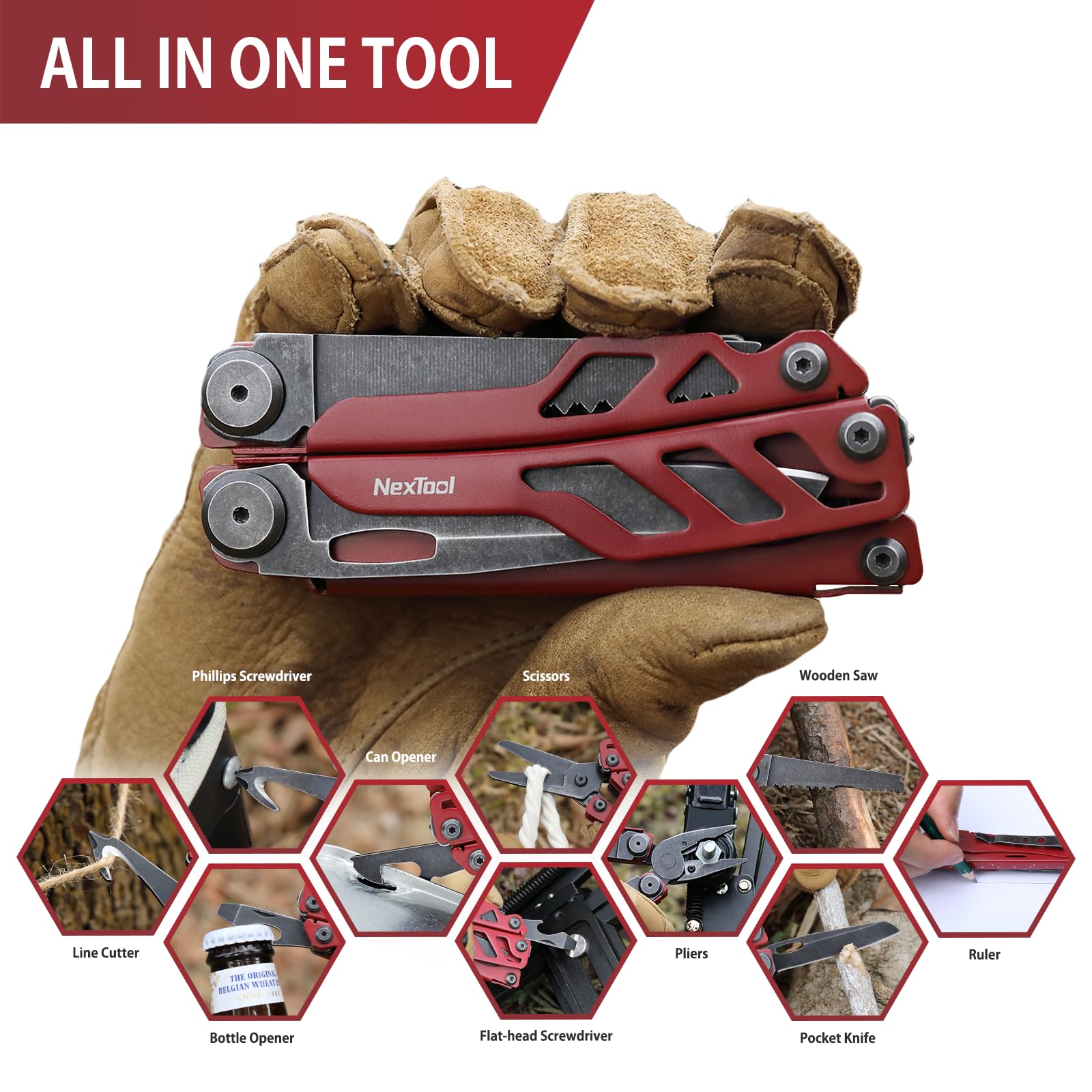 NexTool Flagship Pro Multitool Pliers with Full-size Scissors (Red