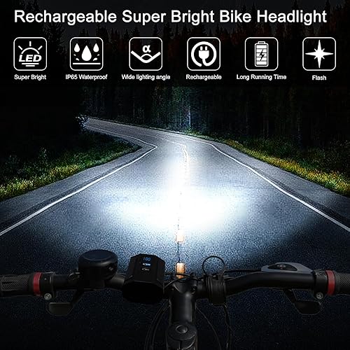 Miniatura 2 de Juego de luces de bicicleta recargables USB ultra brillantes para montar de noche, faros LED con luces traseras, luz de haz alto y bajo, total de 13