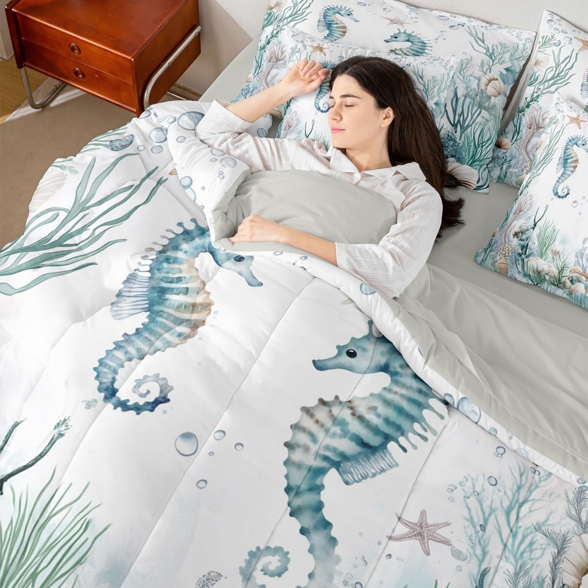 Erosebridal Blue Ocean Bedding Sets Beach Coastal 7 Piece Comforter Set Full Bed in A Bag, Kids Teens Adults,Coral Starfish Seahorse Comforter and Sheets Sea Marine Animals Bed Set