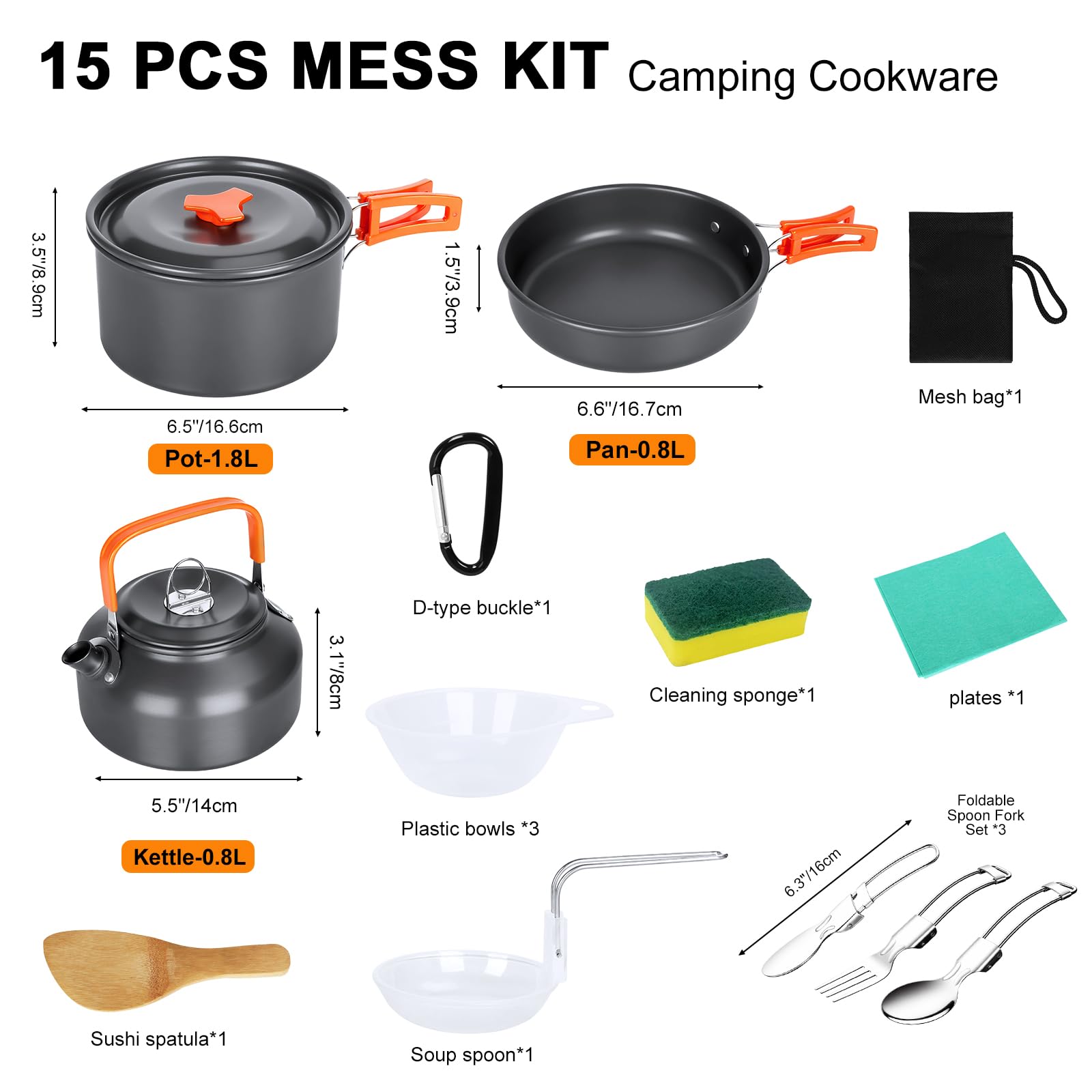 USHOP 15 Pcs Kit de Utensilios Cocina Camping,Vajilla de Camping de Aluminio,Cocina Portátil Juego de Utensilios de Cocina para Pícnic Al Aire Libre Senderismo Acampada Viajes Montañismo, 2-3 Personen
