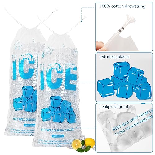 Vista 30 de Paquete de 100 bolsas de hielo de plástico con cordón de 20 libras, bolsas de hielo resistentes de 14 x 28 pulgadas con cuerda de plástico